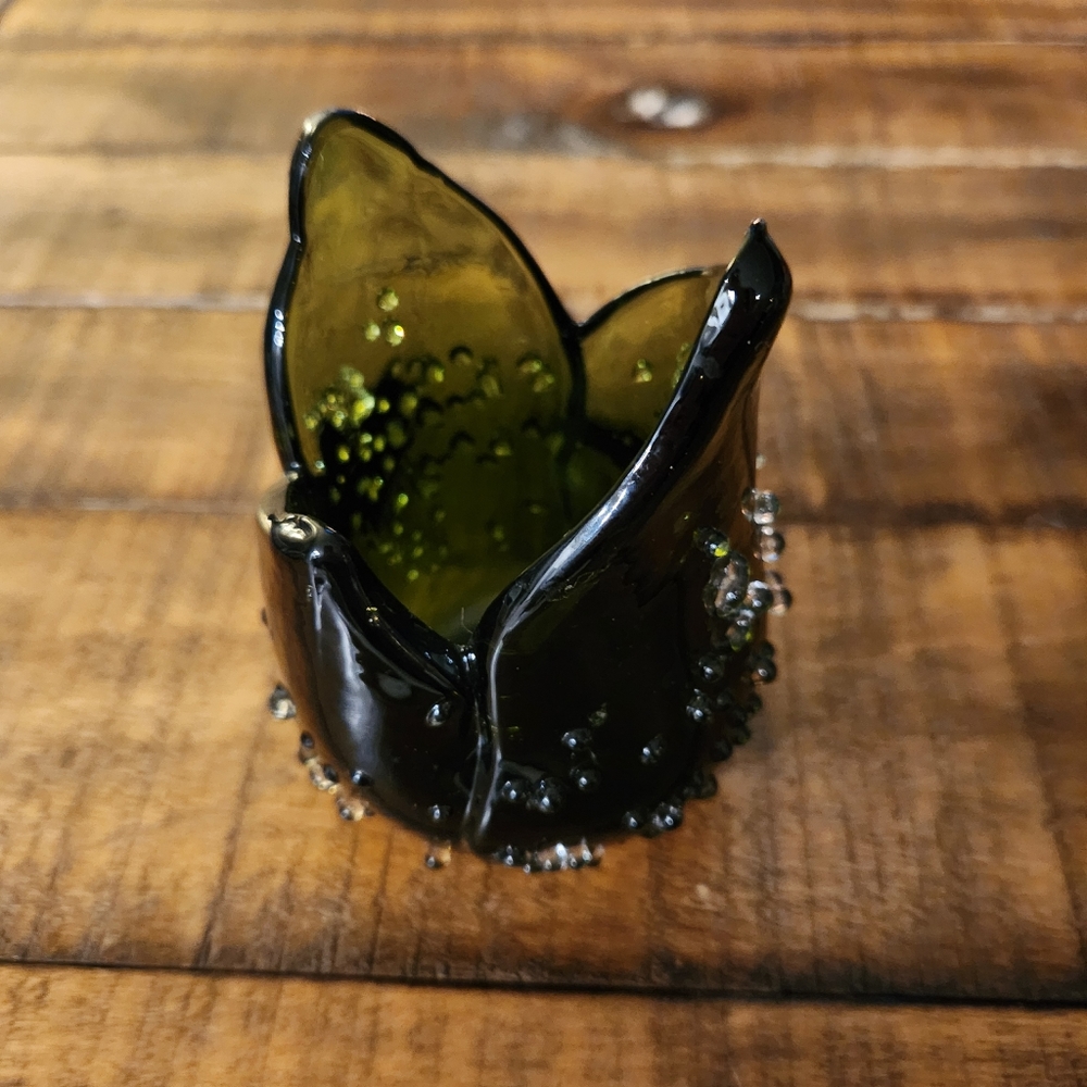 PartyLite Nature's Garden Green Glass Tulip Candle Holder with dew drops texture